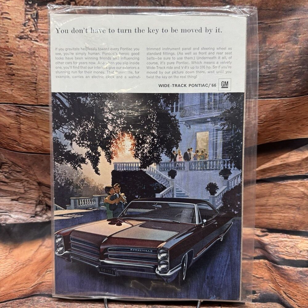 1966 Pontiac Bonneville Vintage Print Ad Wide Track Car Wall Art Sign 6.75x10